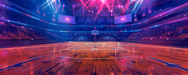 A vibrant basketball court background with polished wooden floors, colorful team logos, and the textures of a bustling arena filled with cheering fans.