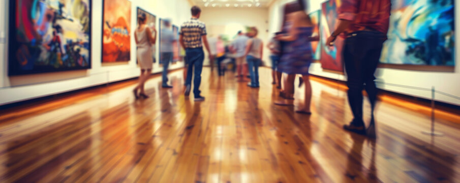 A vibrant art gallery opening background with colorful exhibits, curious visitors, and the textures of polished floors and creative artworks, creating a dynamic and cultured atmosphere.