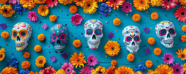 A vibrant Dia de los Muertos celebration background with colorful papel picado, marigold flowers, and the textures of sugar skulls and festive altars, creating a lively and cultural atmosphere.