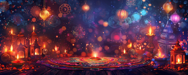 A vibrant Diwali celebration background with glowing lanterns, colorful rangoli, and the textures of festive fireworks and traditional decorations, creating a joyful and cultural festival.