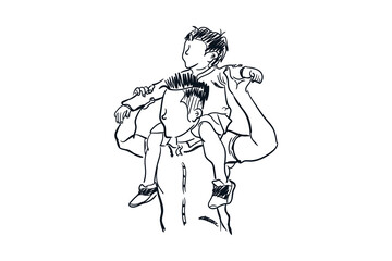 Father dad and baby son kid together, hand drawn line drawing sketch vector illustration