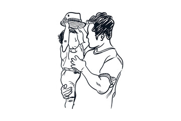 Father dad and baby son kid together, hand drawn line drawing sketch vector illustration