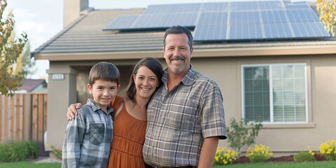 Fototapeta premium Happy family bonding outdoors near their solar-powered home, enjoying renewable energy.