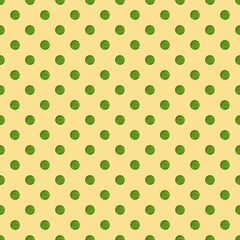 Abstract polka dot seamless pattern. Green watercolor textured dots on yellow background. Colorful dotted pattern. Retro seamless pattern for textiles, wrapping paper, scrapbook, digital background.