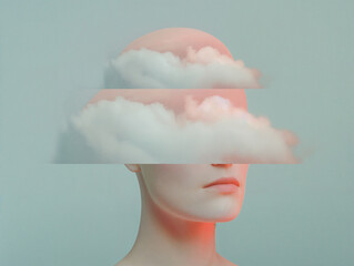 Surreal portrait with clouds layered through head. Generative AI image