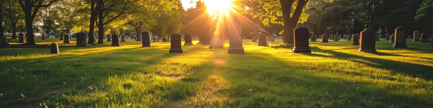 Sunlit cemetery scene with graves and tombstones, conveying peace and remembrance.