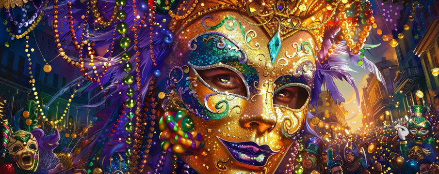 A vibrant Mardi Gras celebration background with colorful beads, festive masks, and the textures of lively crowds and parade floats, creating a joyful and cultural festival.