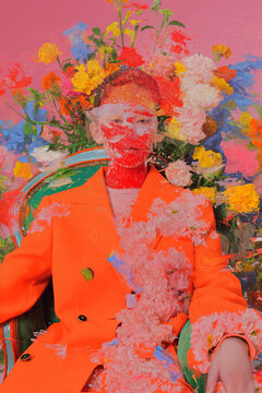 Fashion editorial of surreal portrait with vibrant floral overlay. Generative AI image