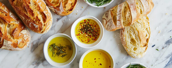 An assortment of bread on a marble countertop with small bowls of dipping oils and fresh herbs. Bright, cool lighting for a modern, clean look.