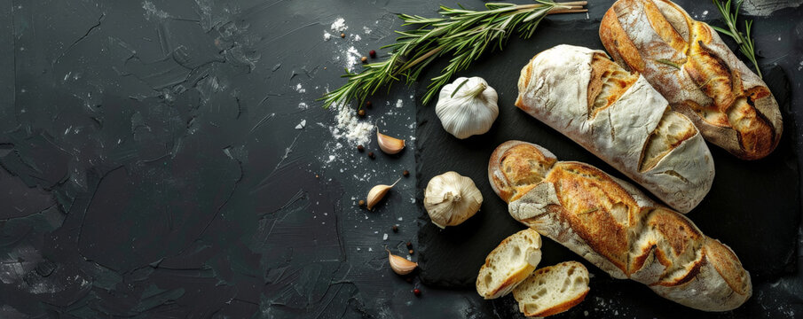 An assortment of bread on a black slate background, with sprigs of rosemary and garlic cloves. The colors are dark and moody, enhancing the texture and detail.