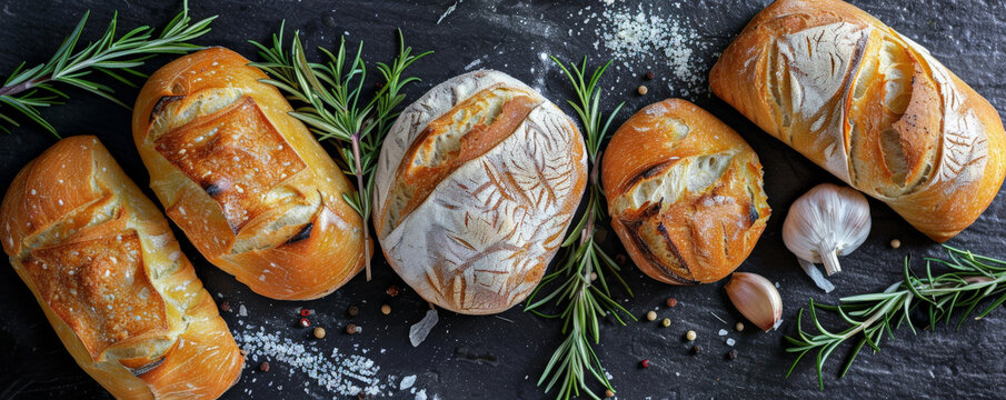 An assortment of bread on a black slate background, with sprigs of rosemary and garlic cloves. The colors are dark and moody, enhancing the texture and detail.