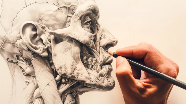 Artistic drawing of a detailed human anatomy study. Generative AI image