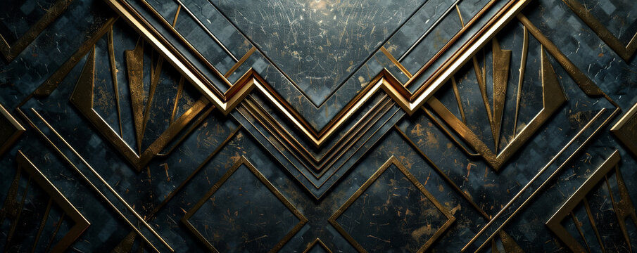 Art deco background with bold geometric patterns, metallic accents, and a textured backdrop. The luxurious, vintage design evokes the glamour of the 1920s, ideal for retro or elegant themes