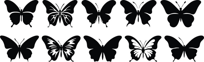 Black butterfly silhouette. butterflies romantic tattoo, tropical insects stencil. Summer and spring exotic symbol isolated vector set. Elegant wild flying moth of various shapes