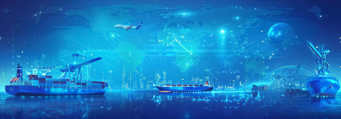 Freight business blue background. Globe, cargo planes and ships and world map background. International import, export, logistics, distribution and transportation concept. Freight business concept. 