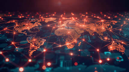 Digital illustration of global network and business logistics concept with connected red dots on a glowing blue world map background. International import, export, distribution and transportation.	