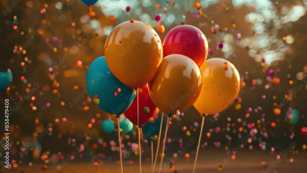 Poster A close-up of colorful balloons with confetti floating in the air in a park setting.