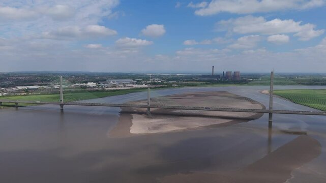 Aerial view of the Mersey Gateway Bridge connecting Runcorn and Widnes over the River Mersey