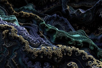 Obraz premium Abstract Background, a 3D scene featuring intricate surreal landscapes in dark mode, with deep navy, black, and rich emerald