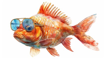 Fototapeta premium The fish with sunglasses is drawn in a watercolor style. Illustration for cover, card, postcard, interior design, decor or print.