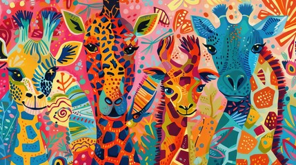 Adorable safari animal paintings with bright colors and unique patterns. Perfect for children's rooms, clothing, wrapping paper, and backgrounds.