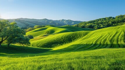 Fototapeta premium Lush grass-covered rolling hills under a bright blue sky, creating a vibrant and welcoming scene