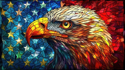 Stained glass eagle with vibrant colors, stars, and intricate details creating a patriotic and powerful scene