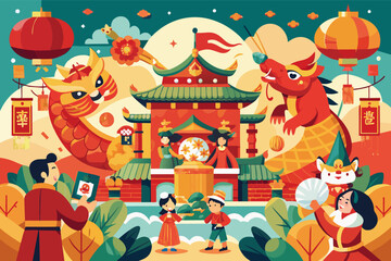 Chinese New Year festival with happy people and colorful decorations.