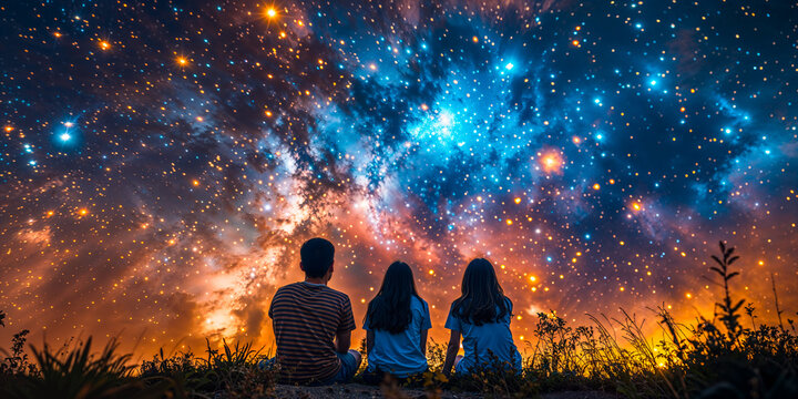 People stargazing looking at colorful space nebula sky at night, wide banner, copyspace