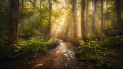 A forest with a stream or river running through it. Sunset and the sun shines through the trees with a warm yellowish light. The trees are lush and green. A natural backdrop. Illustration for design.