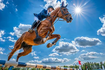 Fototapete Brown horse jumping over fence rail obstacles, equestrian show jumping with woman rider © Sunshower Shots