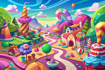 a cartoon candy land with lots of candy, An animated confectionery realm abundant with various types of candies.