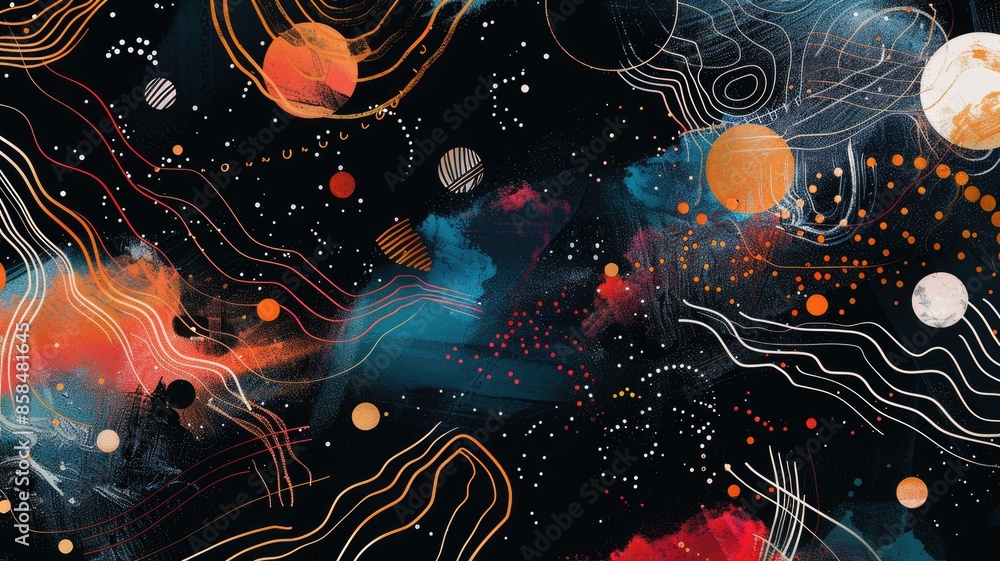 Poster abstract space themed image with colorful planets, stars, and flowing lines on a black background. d