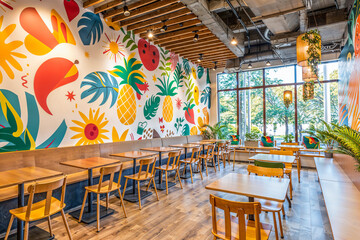 Colorful school cafeteria dining area, tropical mural, interior design, architectural concept