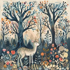 A deer standing in a forest with trees in the background. Wild animal in natural habitat. Natural background. Digital art in watercolor style. Illustration for cover, card, interior design, decor, etc
