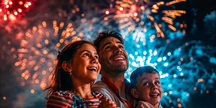 Family watching fireworks display, night, wide banner