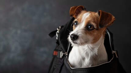Adorable Jack Russell Terrier sitting in black bag gazes ahead