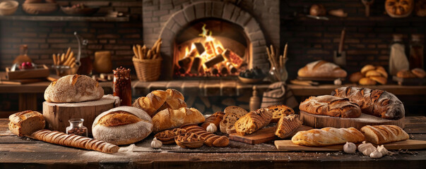 Bread bakery background with a rich, warm color palette, showcasing a variety of bread types on a wooden table, with a traditional brick oven backdrop