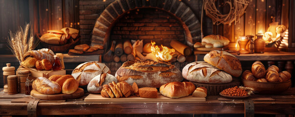 Bread bakery background with a rich, warm color palette, showcasing a variety of bread types on a wooden table, with a traditional brick oven backdrop