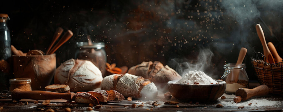 Bread bakery background with a dark, moody ambiance, highlighting artisanal bread loaves, a scattering of flour, and rustic wooden utensils