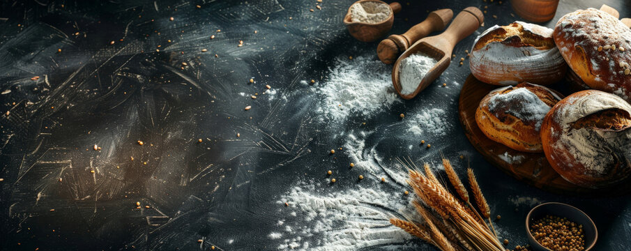 Bread bakery background with a dark, moody table surface, highlighting freshly baked bread, flour, and a rustic, artisanal atmosphere