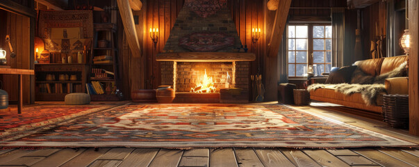 Cozy cabin interior background with wooden beams, a roaring fireplace, and textured rugs. The warm, inviting scene evokes comfort and hominess, ideal for cozy or rustic themes