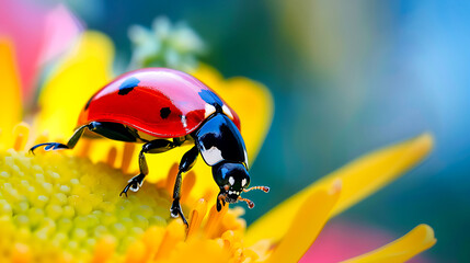 Fototapeta premium Red ladybug on a yellow flower close up. Animals close up, nature, nature. macro beautiful animals.
