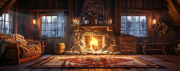 Cozy cabin interior background with wooden beams, a roaring fireplace, and textured rugs. The warm, inviting scene evokes comfort and hominess, ideal for cozy or rustic themes