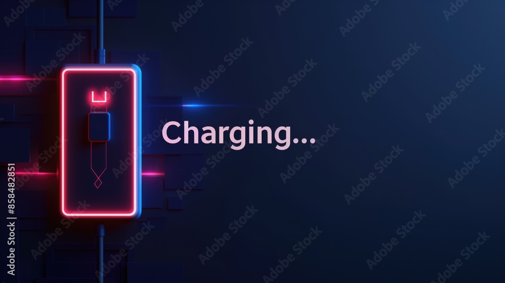 Poster battery charging text and battery on navy blue background with text 
