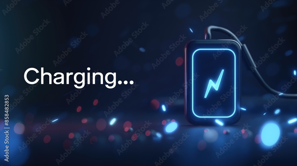 Poster battery charging text and battery on navy blue background with text 