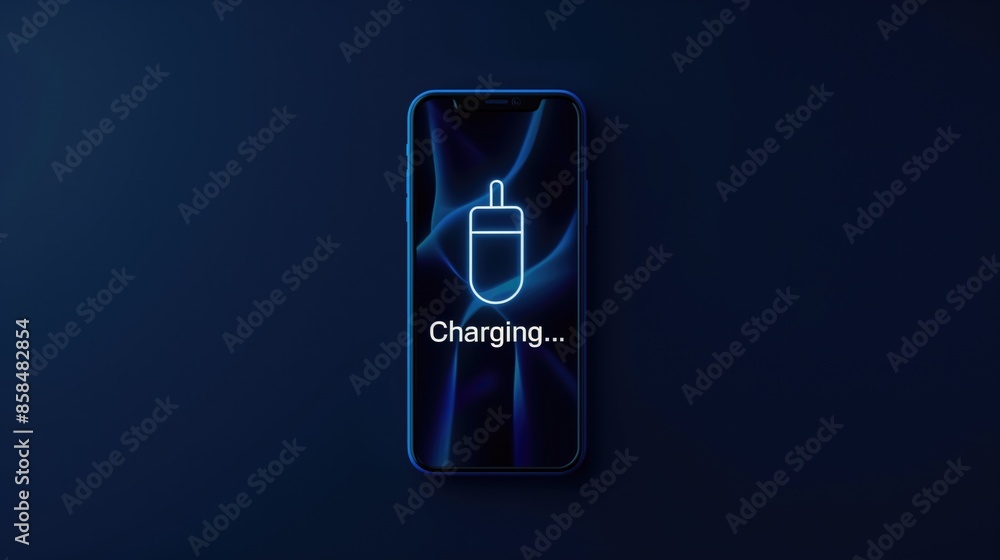 Poster battery charging text and battery on navy blue background with text 
