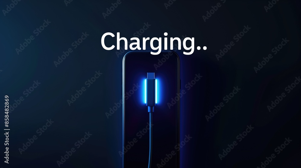 Poster battery charging text and battery on navy blue background with text 