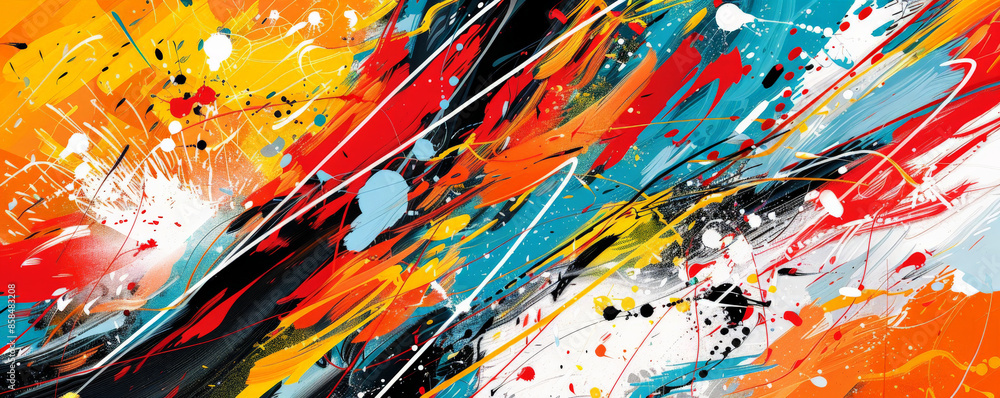 Poster energetic abstract background with bold splashes of color, dynamic lines, and textured brushstrokes.