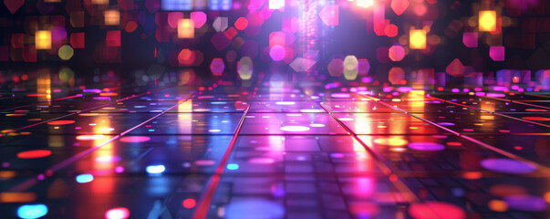 Energetic dance floor background with vibrant lights, dynamic patterns, and textured reflections. The lively, exciting atmosphere captures the energy of a dance party, ideal for nightlife themes